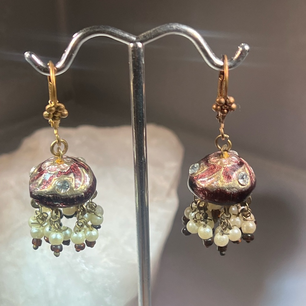 Vintage Bell Jhumki Gold Plated Earrings Pearl Cluster Drops Purple Enamel